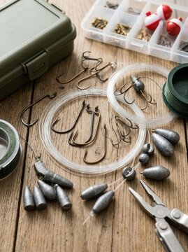 Fishing Gear Assortment Hooks Lines Weights and Tackle Box.