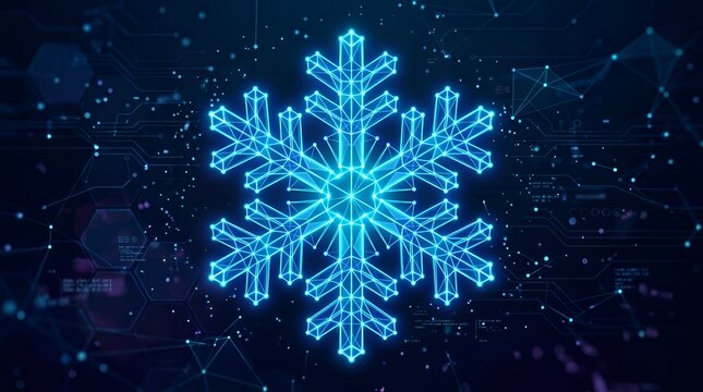 glowing blue snowflake made of interconnected digital lines and dots, representing winter and technology
