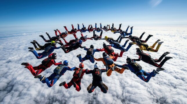 Large Group of Skydivers Forms Circle Formation MidAir Above Clouds.