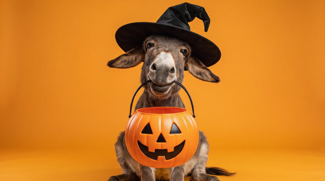 Donkey wearing a black witch hat and holding a jack-o-lantern candy bucket on an orange background, cute spooky Halloween farm animal portrait for trick or treat celebration