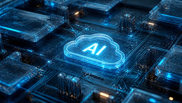 Cloud and edge computing technology data transfer concept. A large cloud icon is in the center, Ai Brain Cloud Big data, network, Science and futuristic ai cloud background concept.