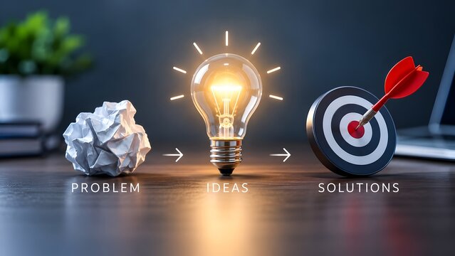 Crumpled Paper Turning into Glowing Lightbulb and Target Representing Problem Solving and Creative Solutions Concept