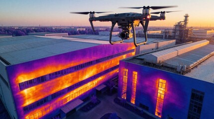 Obraz premium Drone uses thermal imaging to inspect industrial building facade heat loss. Aerial view detects energy inefficiency in structures at sunset. Tech analyzes building performance for upgrades.