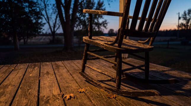 Weathered Wooden Rocking Chair on Rustic Farmhouse Porch at Dusk for Social Media Background