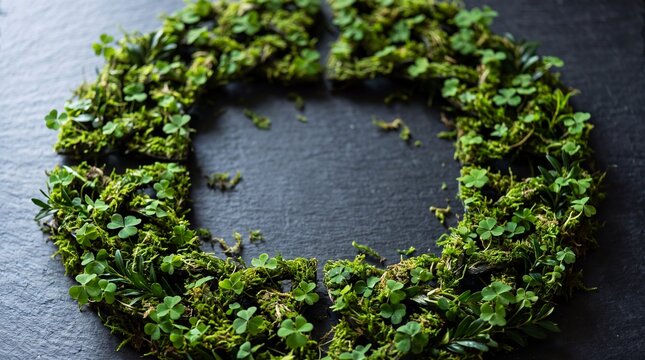 Green Moss Celtic Knot Border on Dark Slate Tabletop for Saint Patrick's Day Background