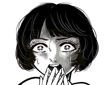 戦慄し絶叫する昭和レトロなホラー漫画風の黒髪白目の女性主人公	