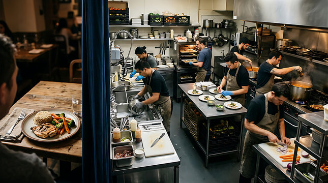 Busy Professional Kitchen Team Preparing Meals.