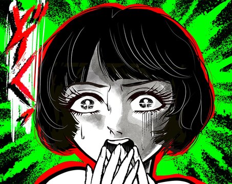 戦慄し絶叫する昭和レトロなホラー漫画風の黒髪白目の女性主人公	