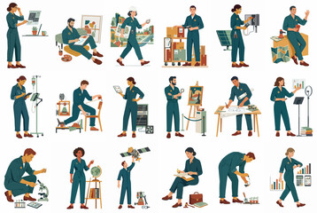 Fototapeta premium Diverse set of professional characters in teal jumpsuits engaged in various occupations from science and engineering to art and logistics flat illustration