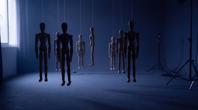 Wooden Artist Mannequins Suspended by Strings on Blue Background for Conceptual Business Hero Header