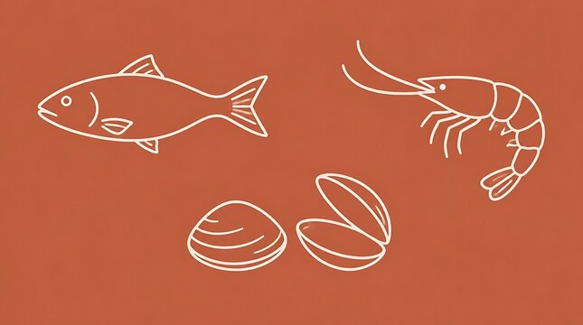 Minimalist Hand Drawn Culinary Seafood Doodle Vector Featuring White Line Art Fish Shrimp and Clams on Terracotta Background for Restaurant Menu and Kitchen Branding