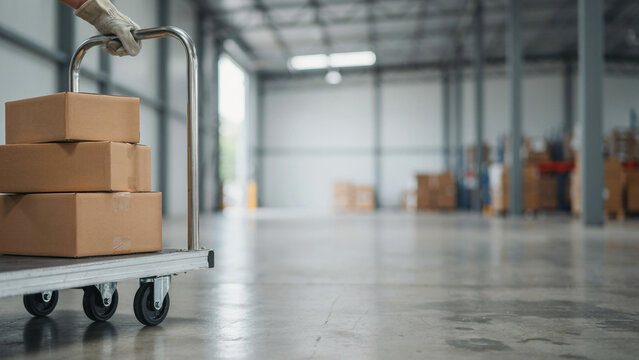 Cardboard packages piled on a metal cart in a spacious industrial distribution warehouse with cardboard boxes shipping packages supply chain delivery service warehouse spac
