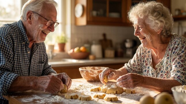 Elderly couple joyfully baking cookies together in home kitchen. Flour dusts faces, hands as laugh, sharing sweet domestic moment. Heartwarming scene shows simple pleasures, connection.