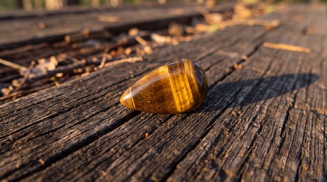 Polished Tiger-Eye Stone Amulet on Weathered Wood for Holistic Wellness Banner