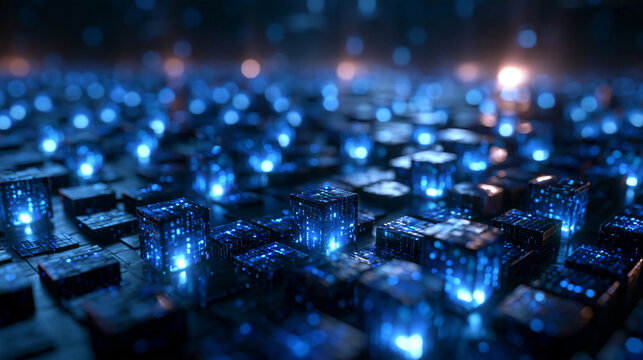 Futuristic Digital Data Cubes with Blue Glowing Lights