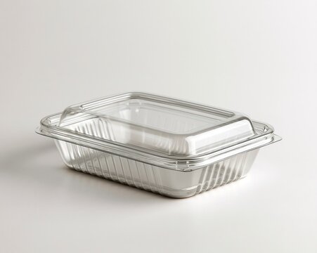 Clear plastic container with lid, aluminum foil base, no food inside.