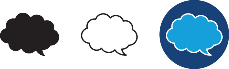 Fototapeta premium Collection of three clean cloud speech bubble icons representing creative thinking and digital chat on a white background.
