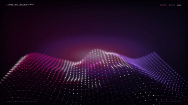 Dynamic abstract digital sound wave visualization with glowing pink and purple dots forming an undulating grid, creating a futuristic technology background for data analysis, AI, and cyberspace the...