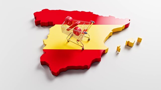 Inflation in Spain concept: A shopping cart with a percent sign on a 3d map of Spain overlayed by the Spanish flag. Camera panning up