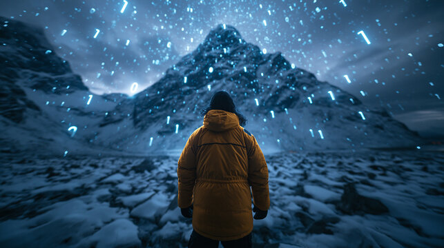 Person Looking at Mountain with Glowing Binary Code Data