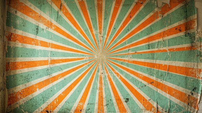 Retro Sunburst Background, Vintage Orange and Teal Rays on Textured Paper