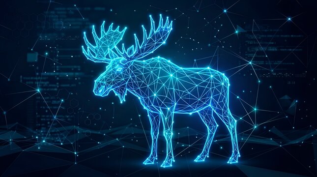 Futuristic digital moose illustration with glowing cybernetic wireframe and network connections