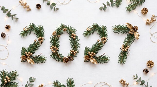 Year 2027 Made of Christmas Pine Branches on White Background