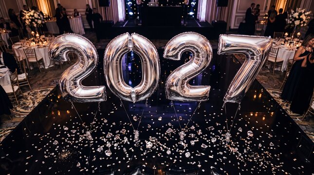 Silver 2027 Balloons Floating in Elegant Ballroom Party