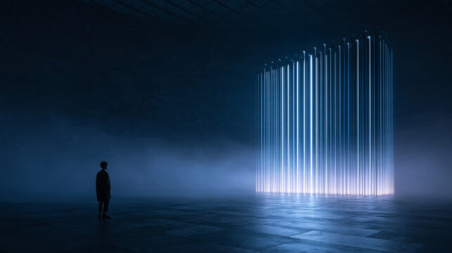Person Standing in Front of Futuristic Glowing Light Installation