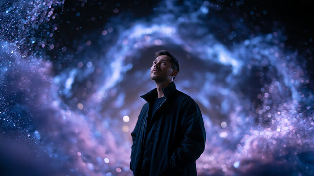 Man Looking Up Surrounded by Cosmic Energy Portal