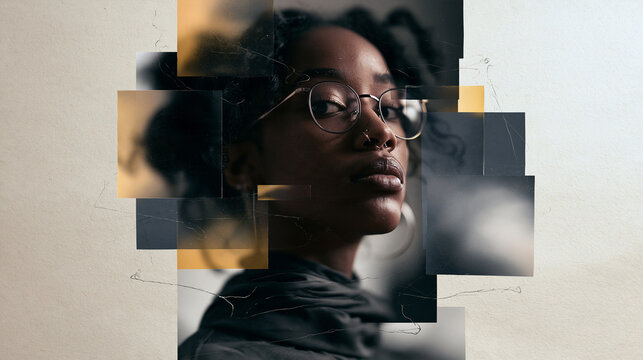 Abstract Collage Portrait of Young Woman with Glasses
