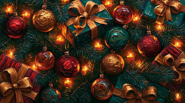 Christmas Background with Gifts Baubles and Pine Branches