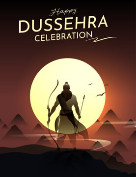 Dussehra Festival Greeting Poster Featuring Lord Rama Silhouette with Bow and Arrow Against a Large Glowing Sunset Circle and Warm Orange Background, Editable Vector Illustration