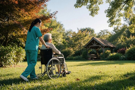 Young Asian female caregiver pushes elderly woman in wheelchair through green park. Senior lady sits on chair during outdoor stroll in sunny garden. Professional nurse provides home care support,