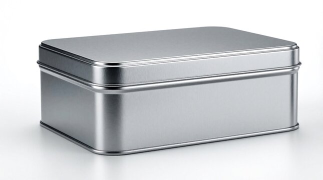 Empty silver metal tin box with lid isolated on white background. Rectangular steel container for food storage product packaging mockup. Blank metallic canister used for tea cookies small gift items