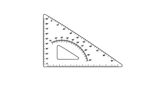 Transparent plastic geometry triangle ruler with degree markings vector illustration, triangular set square protractor tool with angle measurements - professional high detailed commercial stock