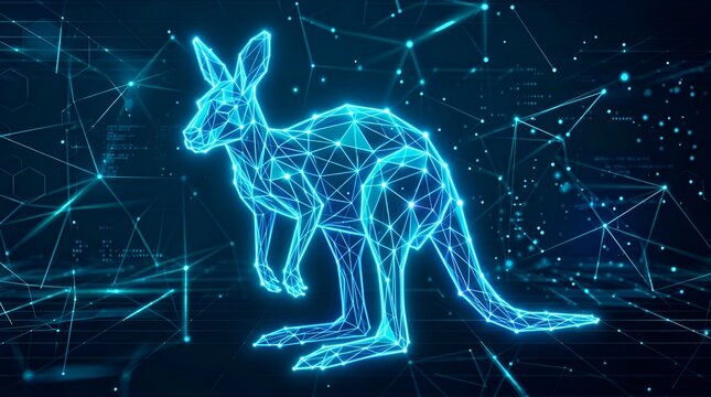 Glowing blue digital wireframe kangaroo standing in a futuristic data network environment with abstract technology connections and glowing dots