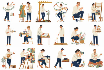 Fototapeta premium Set of flat vector illustrations depicting people enjoying different creative activities, crafts, and professional occupations.