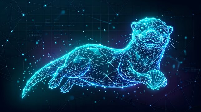 Glowing Blue Digital Wireframe Otter Swimming in Space Holding a Shell Neon Geometric Low Poly Wildlife Illustration