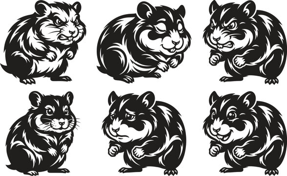 Black and white vector illustration of a cute smiling hamster isolated on a white background with vector illustration of an angry hamster Silhouette Vector Design Package
