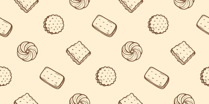Cookies doodle background. Biscuit pattern background. Chocolate chip cookies seamless pattern. Crackers hand drawn pattern with various shapes. Dessert and snack background for packaging.