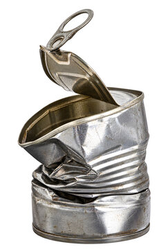 Crushed and Dented Empty Metal Tin Can with Open Pull Tab