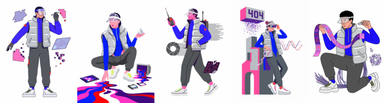 Set of futuristic flat vector illustrations featuring a young man interacting with technology, digital error messages, and creative abstract elements.