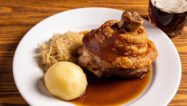 Crispy roasted pork knuckle served with potato dumpling, sauerkraut, and savory dark beer gravy on a plate, traditional Bavarian cuisine in a rustic restaurant