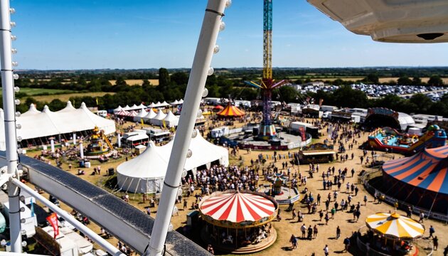 High angle view from a Ferris wheel overlooking a crowded outdoor festival and carnival with amusement rides, colorful tents, and attractions on a sunny day