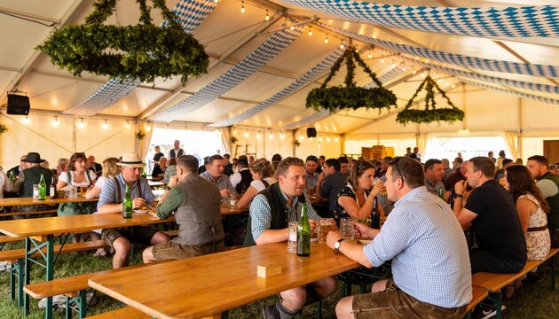 People in traditional Bavarian lederhosen and dirndl sitting at wooden tables, celebrating and drinking beer inside a decorated festival tent during Oktoberfest.