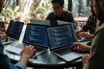 Plakat Diverse group of developers collaborate on code project. People work together on laptops in modern office. Teamwork and programming on computer screens.