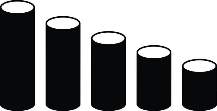 Five decreasing black cylindrical bar graph elements depicted as a professional vector graphic on transparent background