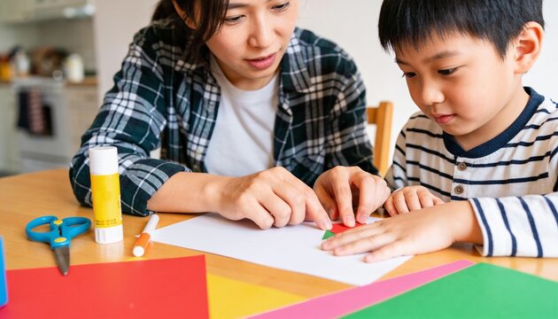 Asian mother helping her young son with colorful paper craft at home dining table, family bonding and creative early childhood education during daytime