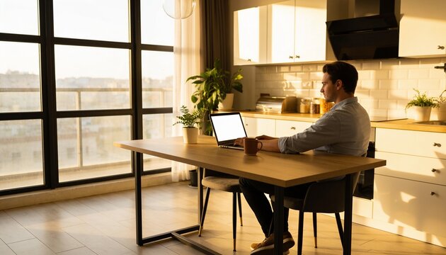 Young man sitting at wooden table working on laptop with blank screen in modern kitchen during golden hour sunset, remote work and freelance lifestyle.